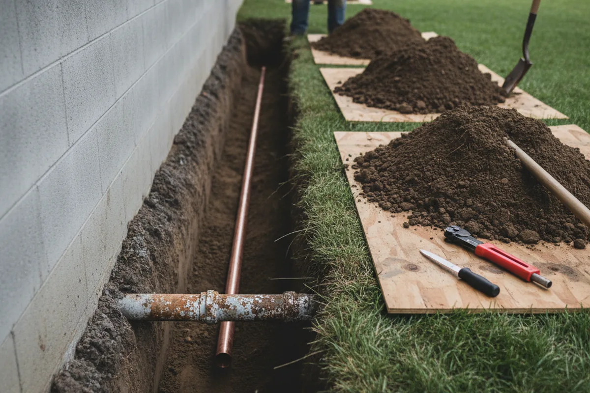 Excavated water line trench during Water Softener Installation in Mount Aetna